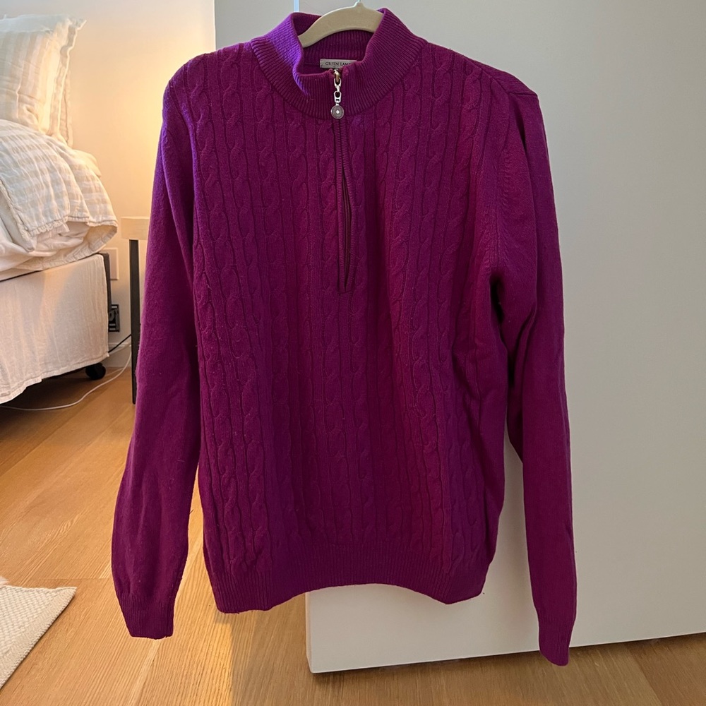 Green Lamb wool quarter zip sweater in fuchsia